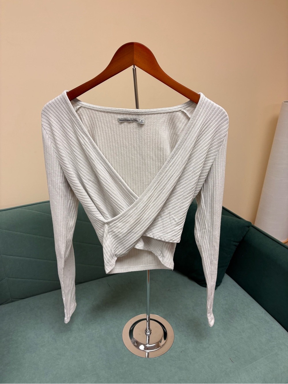 Abercrombie & Fitch Ivory Ribbed Wrap-Front Long Sleeve Top